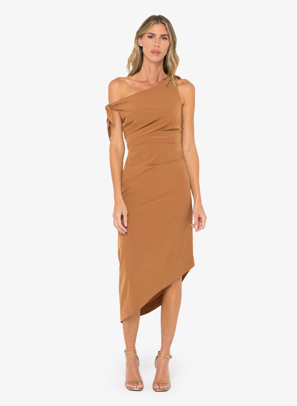 Tobacco Asymmetric Ruched Fitted Evie Dress by JBQ Tobacco Asymmetric Ruched Fitted Evie Dress by JBQ