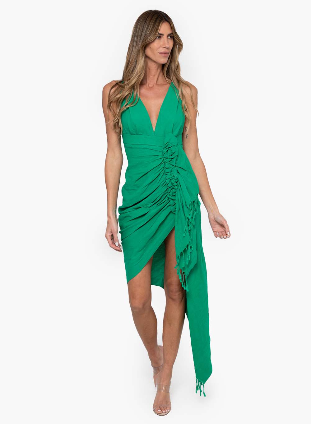 Tulum Green Draped Dress with Tassels and High-Low Hem by JBQ Tulum Green Draped Dress with Tassels and High-Low Hem by JBQ