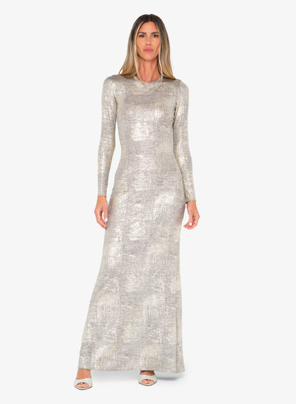 chetta b metallic maxi dress Vintage Chetta B Size 6 Twisted Halter Maxi Silk Dress Gown Metallic Print Gown