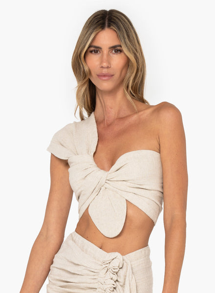 Ozon ジョーツ starteam SOL Sol Knot-Front Linen Cotton Top in Oatmeal by JBQ